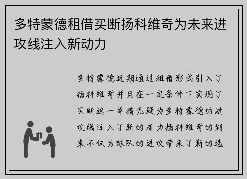 多特蒙德租借买断扬科维奇为未来进攻线注入新动力