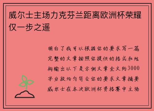 威尔士主场力克芬兰距离欧洲杯荣耀仅一步之遥